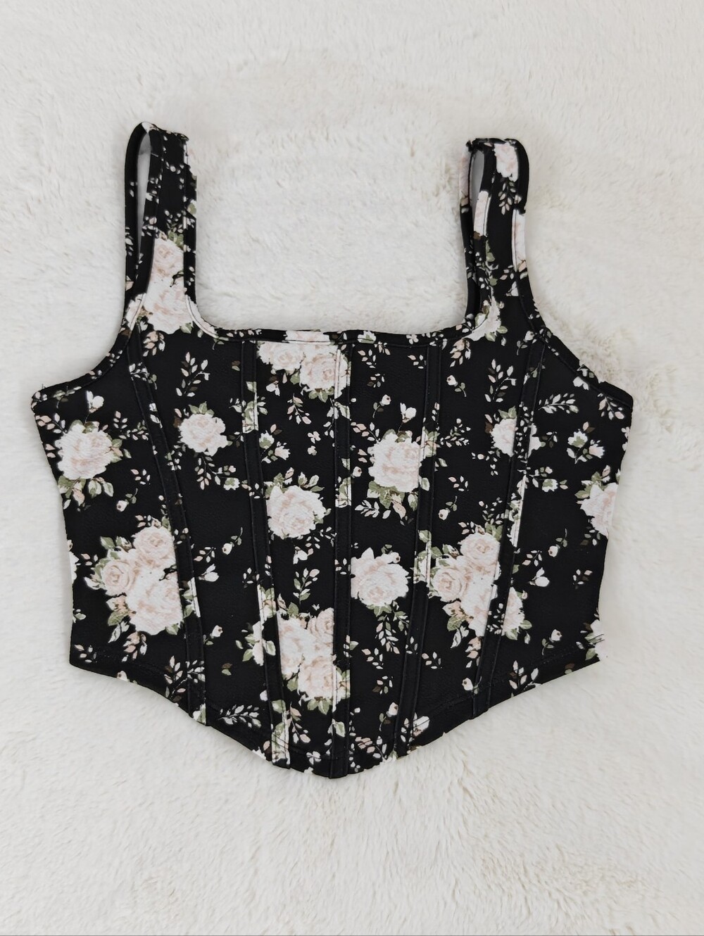 Black Floral Corset Tank with Blush Roses